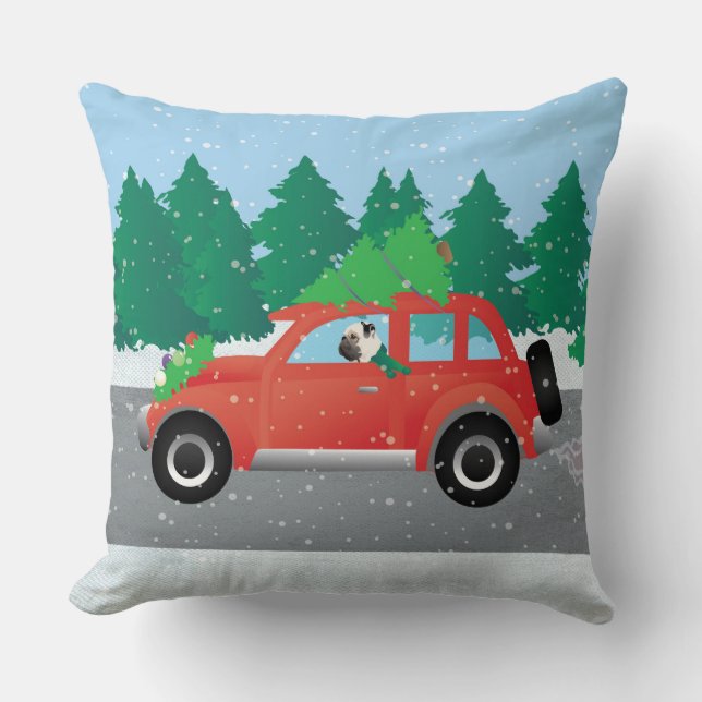 Pug Driving Car with Christmas Tree on Top Cushion (Front)