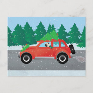 Pug Driving Car with Christmas Tree on Top Holiday Postcard