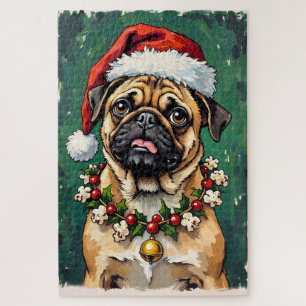 Pug Eating the Christmas Garland Hat Jigsaw Puzzle