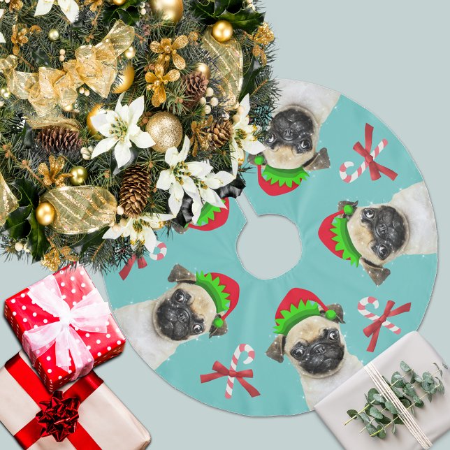 Pug Elves Candy Canes | Aqua Blue Brushed Polyester Tree Skirt (Creator Uploaded)