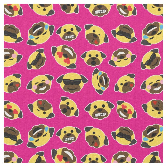 Pug Emoji Emoticon Pattern Fabric Hot Pink (Close Up)