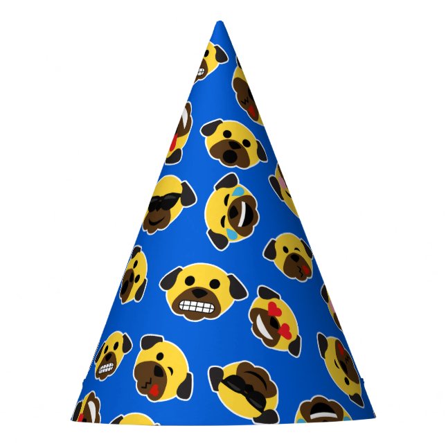 Pug Emojis on Electric Blue Birthday Party Party Hat (Front)