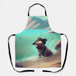 Pug enjoying on beach painting art apron
