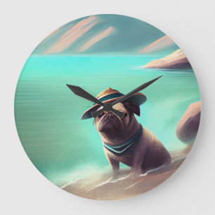 Pug enjoying on beach painting art  large clock