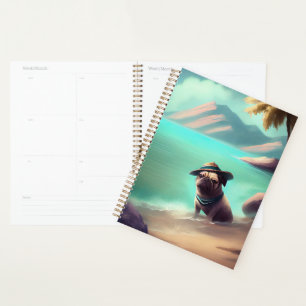 Pug enjoying on beach painting art planner