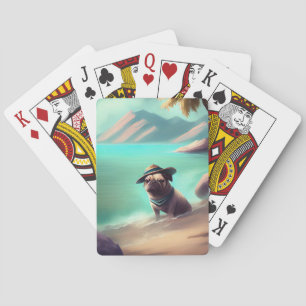 Pug enjoying on beach painting art playing cards