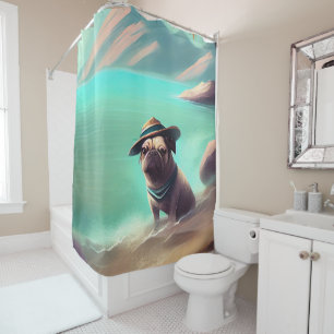 Pug enjoying on beach painting art shower curtain
