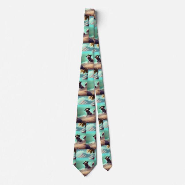 Pug enjoying on beach painting art  tie (Front)