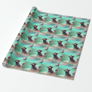Pug enjoying on beach painting art wrapping paper