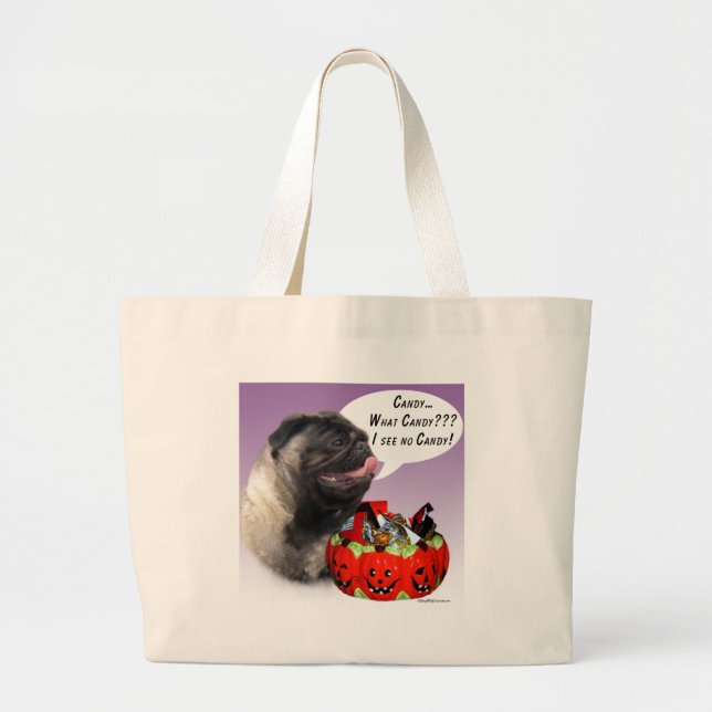 Pug (fawn) Halloween Candy Large Tote Bag (Front)