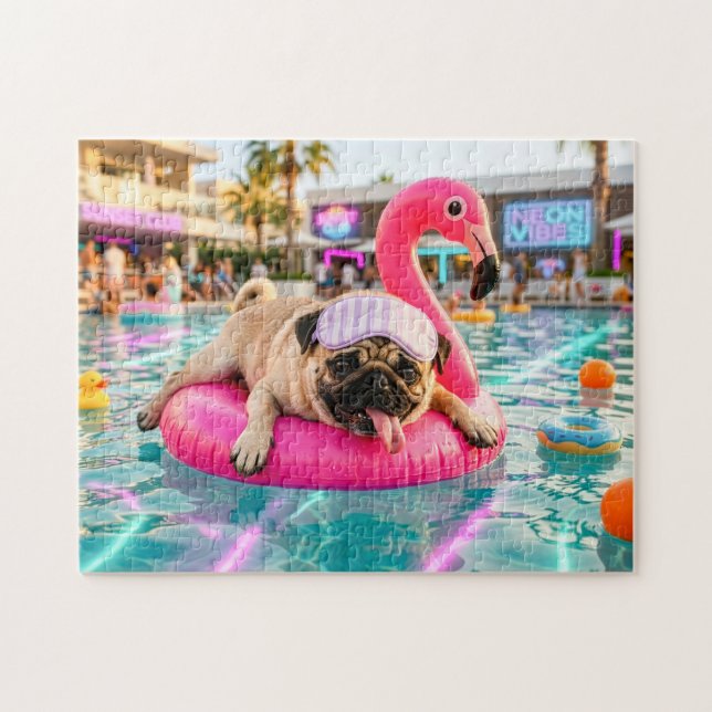 Pug Floating on Pink Flamingo Float Jigsaw Puzzle (Horizontal)