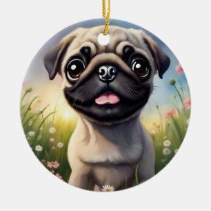 Pug Flowers Ceramic Ornament