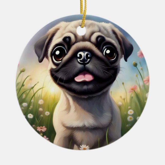 Pug Flowers Ceramic Ornament (Front)