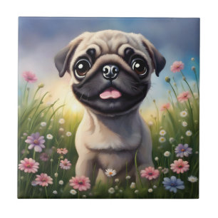 Pug Flowers Ceramic Tile