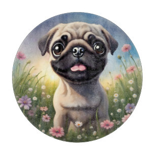 Pug Flowers Cutting Board