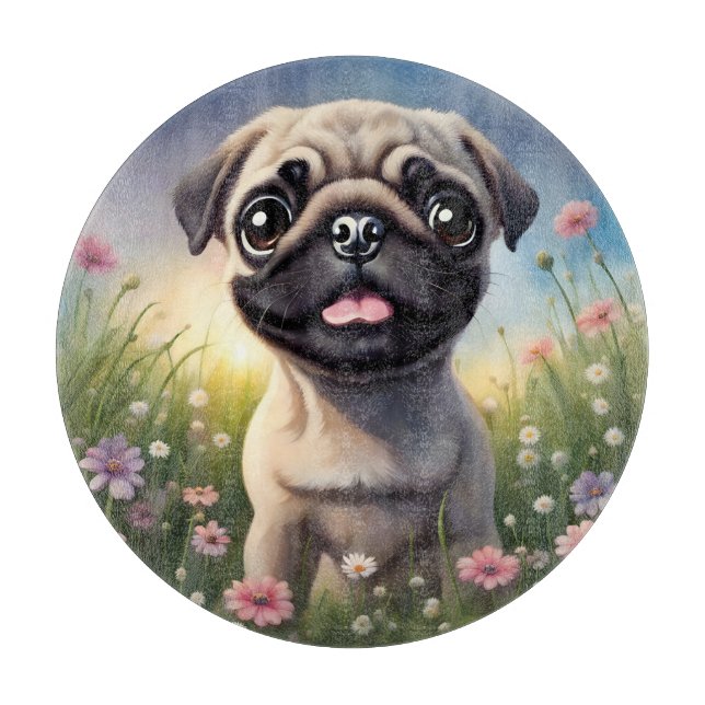 Pug Flowers Cutting Board (Front)