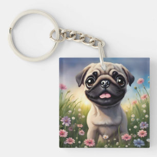 Pug Flowers Key Ring