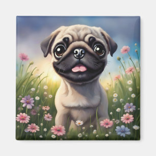 Pug Flowers Magnet