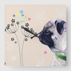 Pug & Flowers Wall Clock
