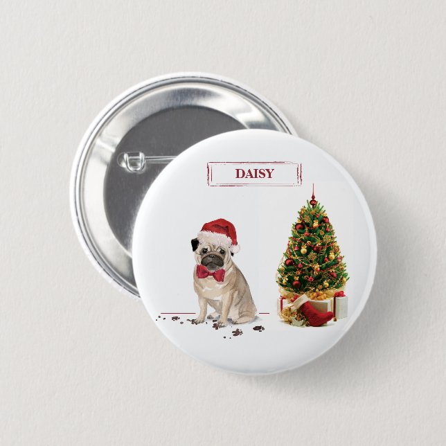 Pug Funny Christmas Dog with Tree 6 Cm Round Badge (Front & Back)