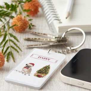Pug Funny Christmas Dog with Tree Key Ring
