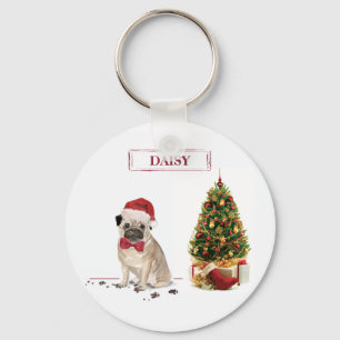 Pug Funny Christmas Dog with Tree Key Ring