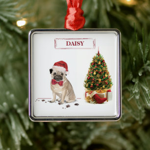 Pug Funny Christmas Dog with Tree Metal Ornament