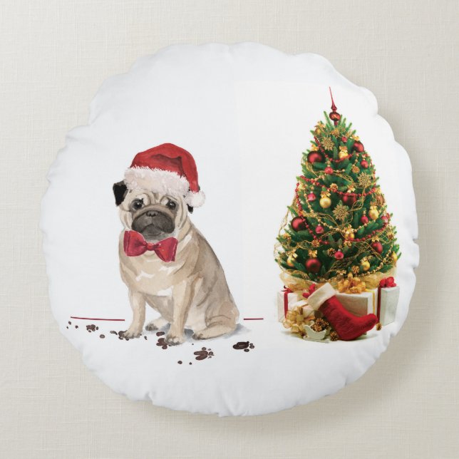 Pug Funny Christmas Dog with Tree Round Cushion (Front)