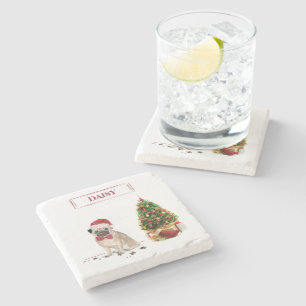 Pug Funny Christmas Dog with Tree Stone Coaster