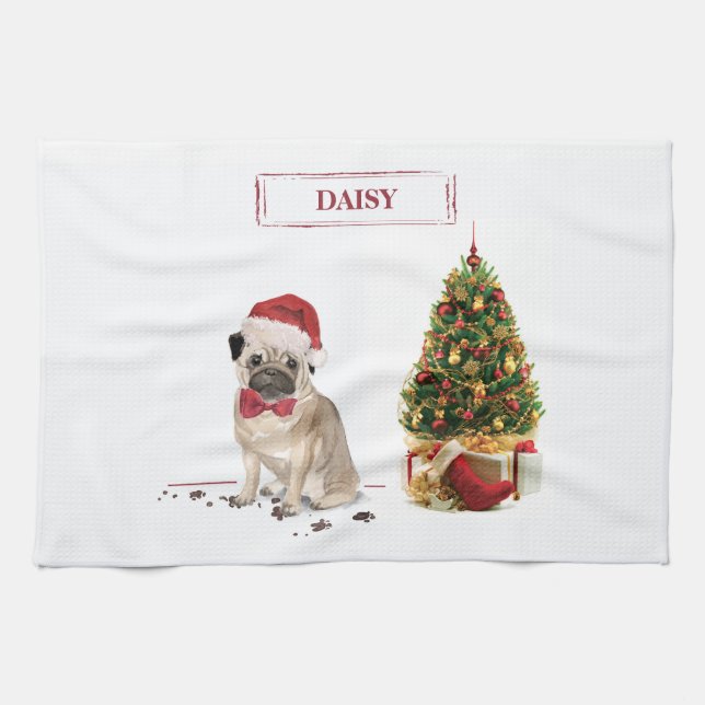 Pug Funny Christmas Dog with Tree Tea Towel (Horizontal)