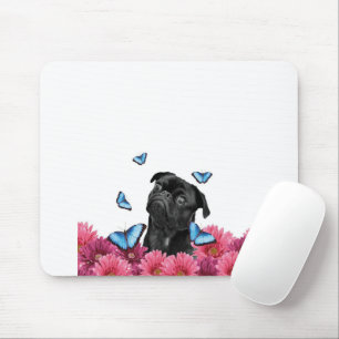Pug Gerbera Butterflies Cute Black Dog Mouse Pad
