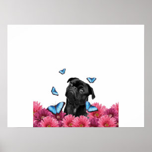 Pug Gerbera Butterflies   Cute Black Dog Poster