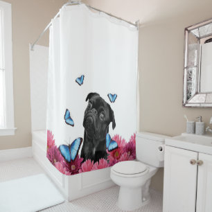 Pug Gerbera Butterflies   Cute Black Dog Shower Curtain
