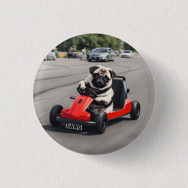 Pug go-kart racing 3 cm round badge (Front)