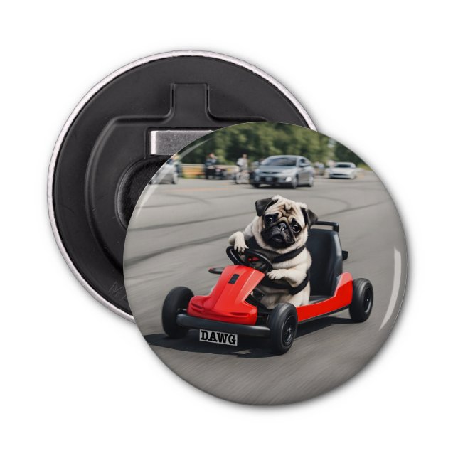Pug go-kart racing bottle opener (Front)
