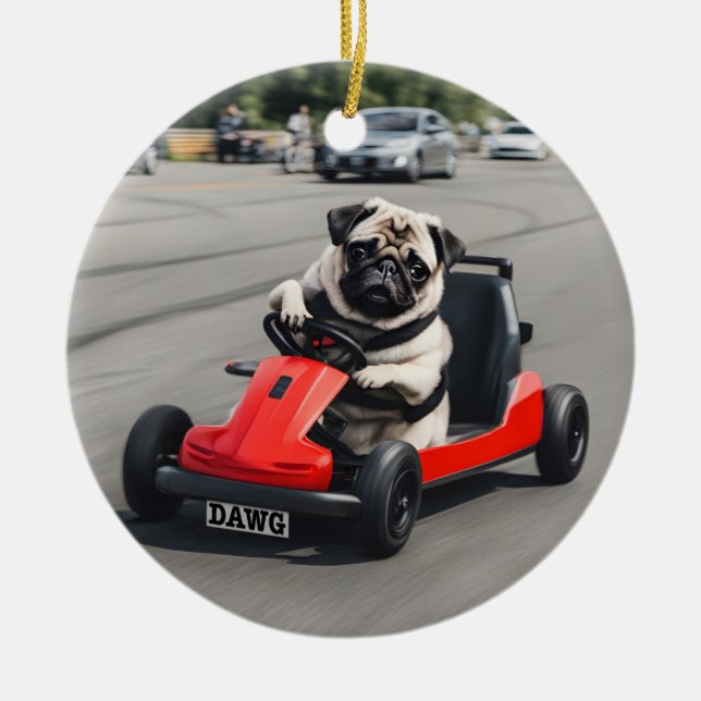 Pug go-kart racing ceramic ornament (Front)