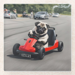Pug go-kart racing glass coaster