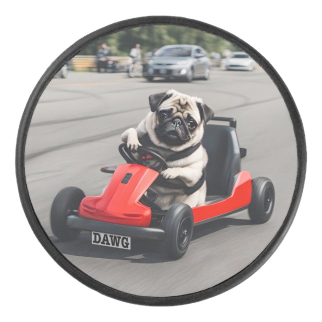Pug go-kart racing hockey puck (Front)