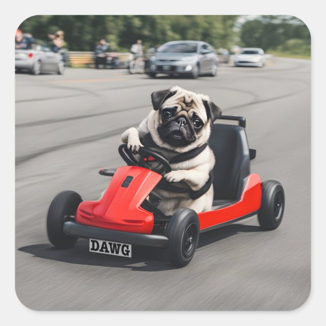 Pug go-kart racing square sticker (Front)