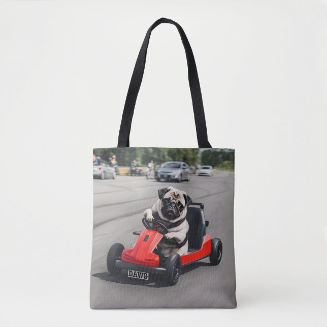 Pug go-kart racing tote bag (Front)