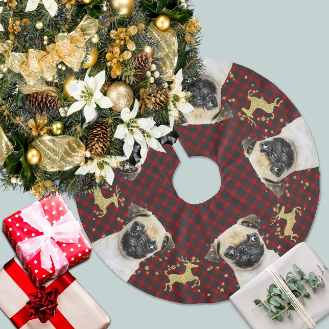 Pug Gold Glitter Deer Christmas Buffalo Plaid Brushed Polyester Tree Skirt (Creator Uploaded)