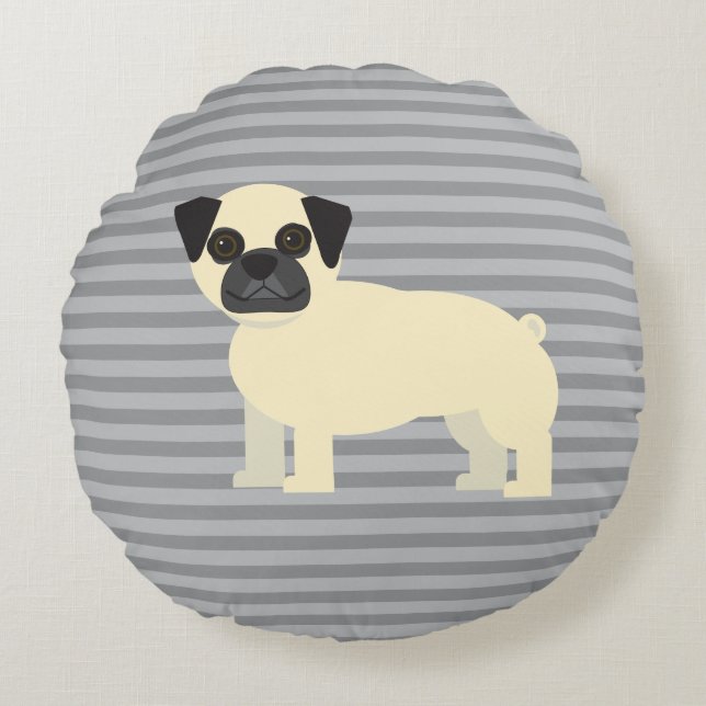 Pug Gray Lined Round Cushion (Front)