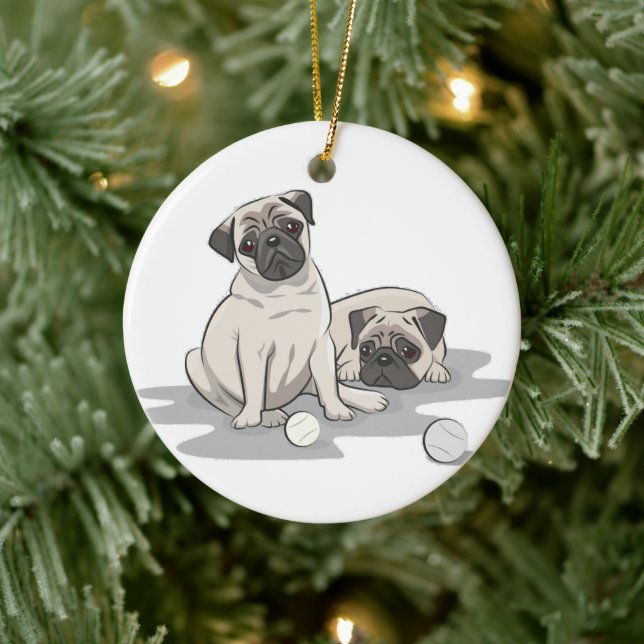 Pug Group Cartoon Ceramic Ornament (Tree)