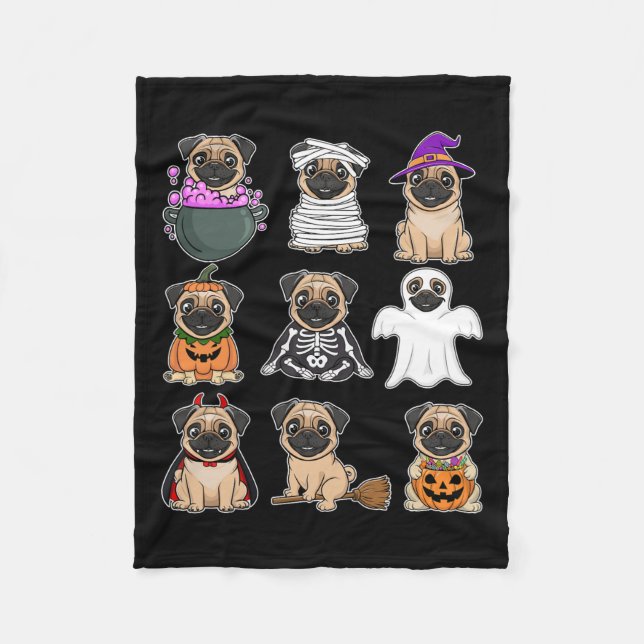 Pug Halloween Costume Spooky Ghost Pumpkin Pug Hal Fleece Blanket (Front)