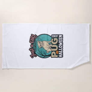 Pug Halloween Girl Vintage Vector Design_1 Beach Towel