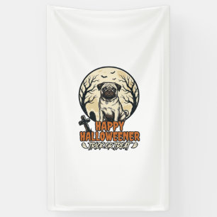 Pug Halloween Trick or Treat Vintage Engraving Des Banner