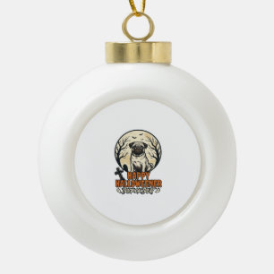 Pug Halloween Trick or Treat Vintage Engraving Des Ceramic Ball Christmas Ornament