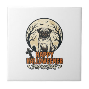 Pug Halloween Trick or Treat Vintage Engraving Des Ceramic Tile
