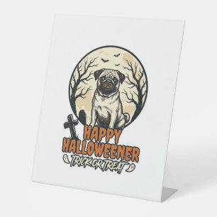 Pug Halloween Trick or Treat Vintage Engraving Des Pedestal Sign