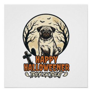 Pug Halloween Trick or Treat Vintage Engraving Des Poster